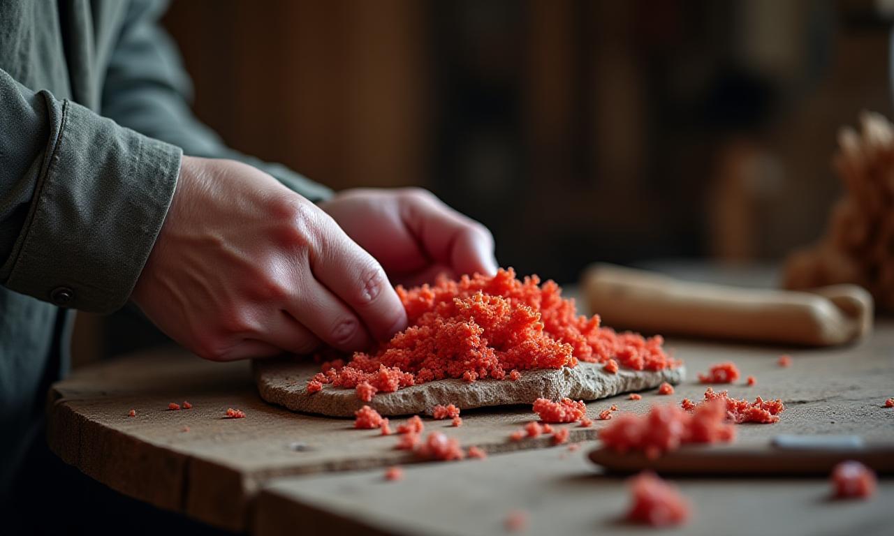 Mani artigiane che lavorano corallo