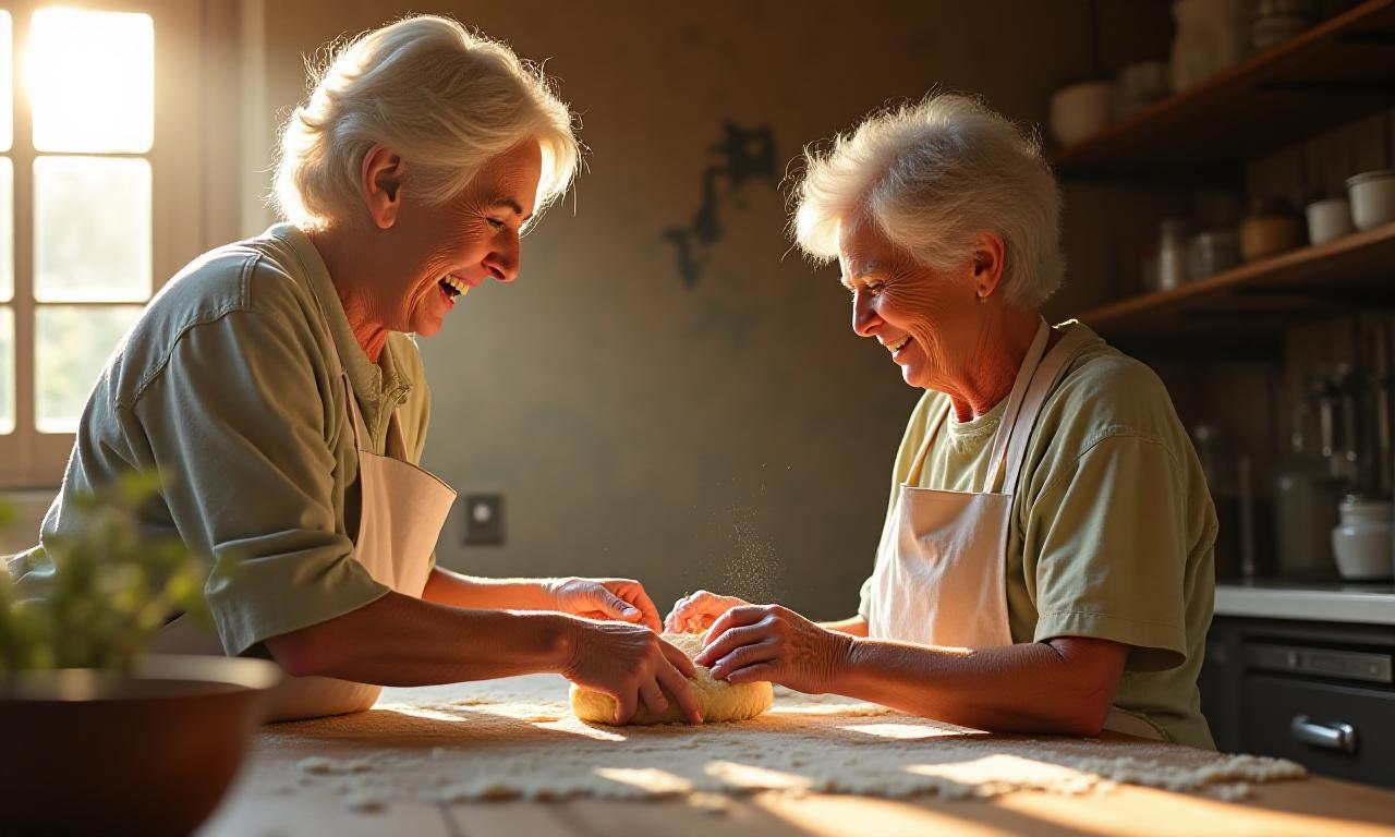 Nonna e nipote che preparano la pasta fresca in una cucina solare